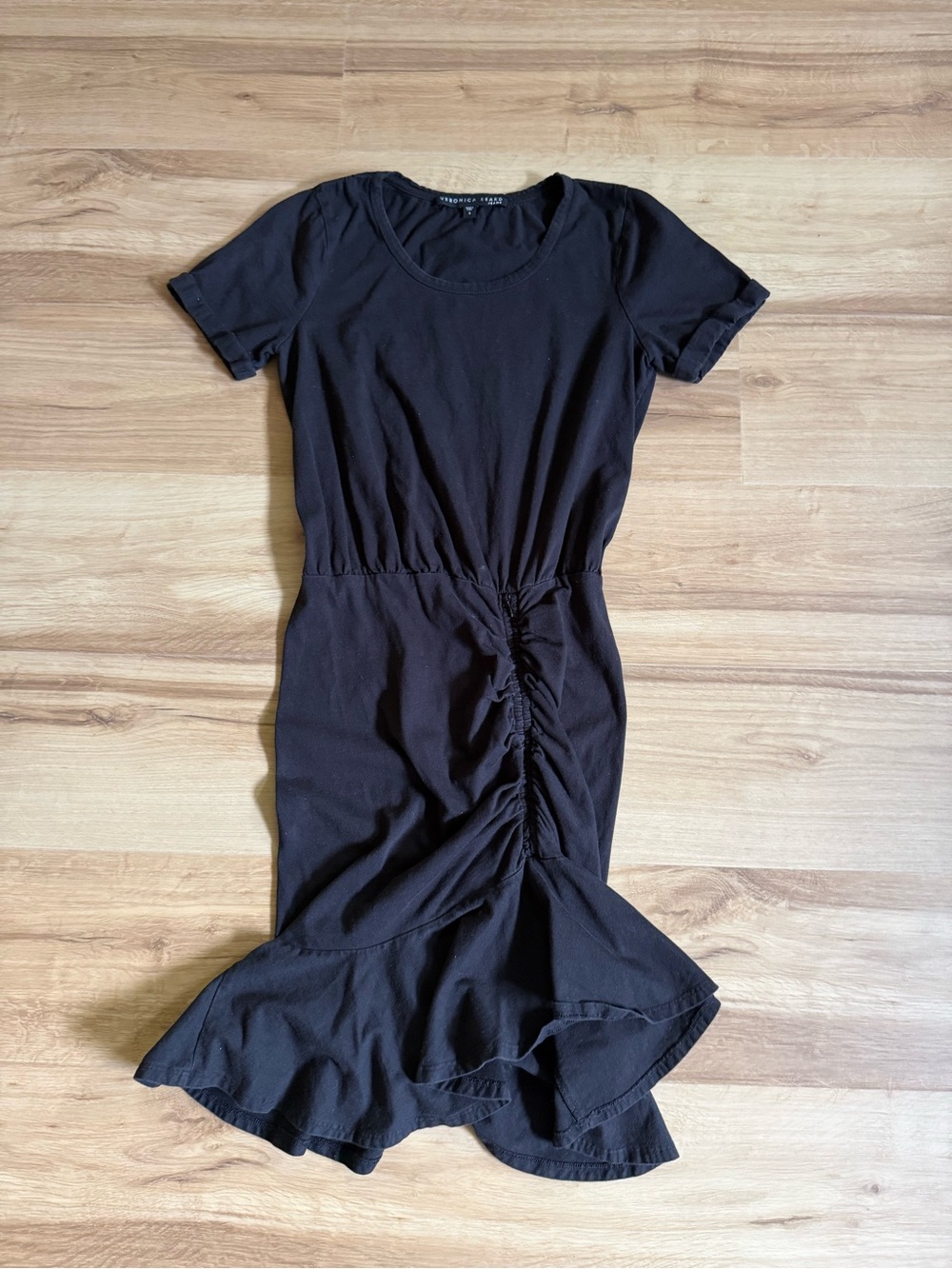 Veronica Beard Black Ruched Midi Dress with Ruffle Hem Sz S